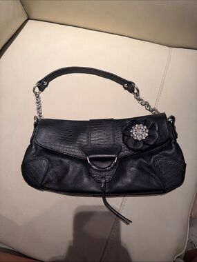 Black Leather Shoulder Bag with Floral Crystal Accent